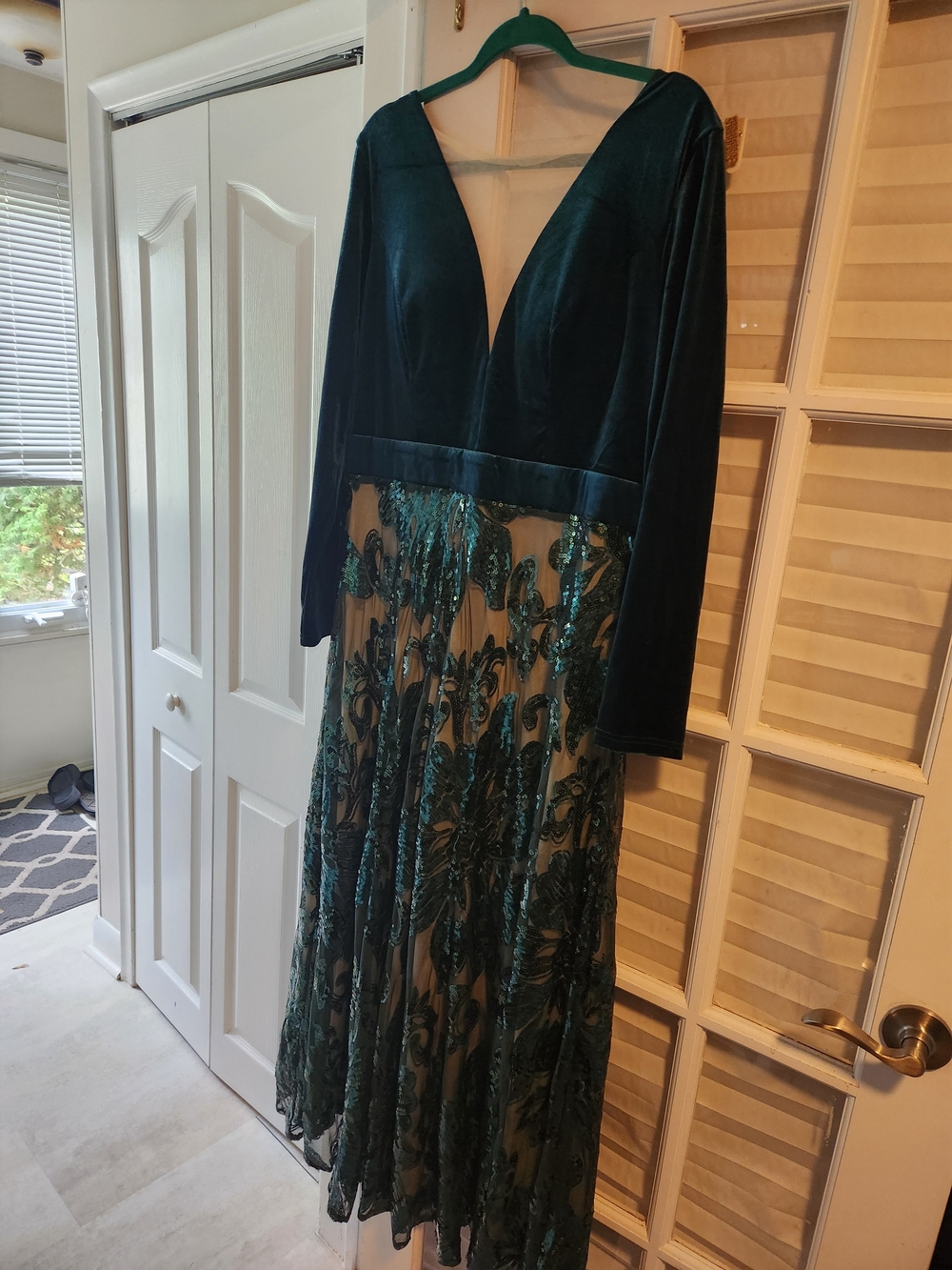 Emerald Green Velvet & Sequin Evening Dress